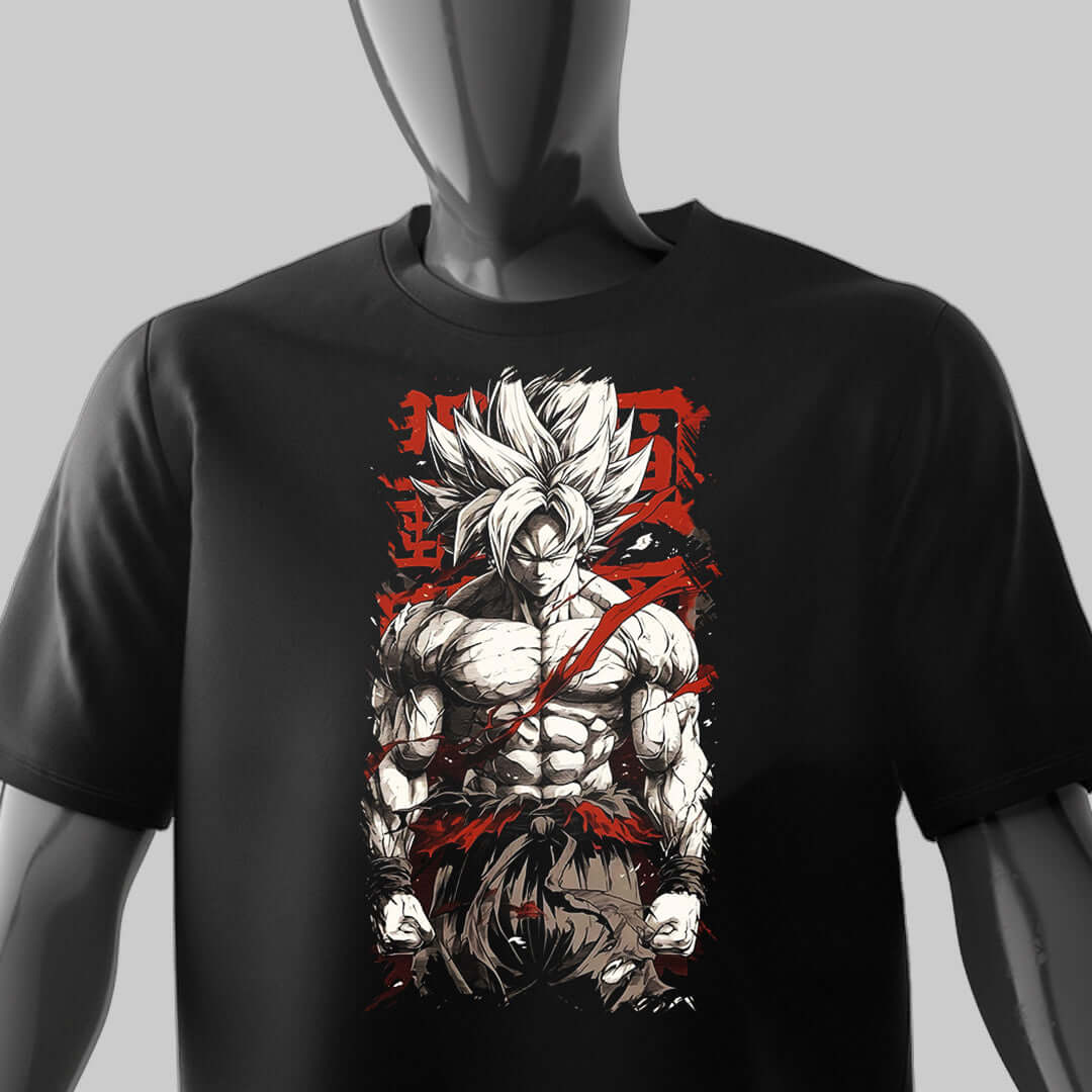 Sayan Unisex T-Shirt featuring epic anime warrior design on black fabric, perfect for anime fans and cosplay lovers.