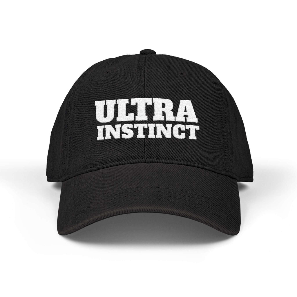 Black cotton cap with 'ULTRA INSTINCT' embroidered in bold white letters.