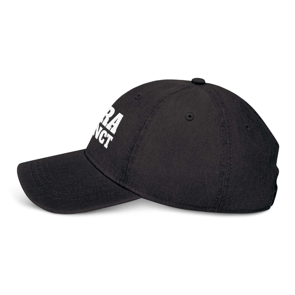 Side view of a black denim hat with white embroidery, showcasing a casual and stylish design.