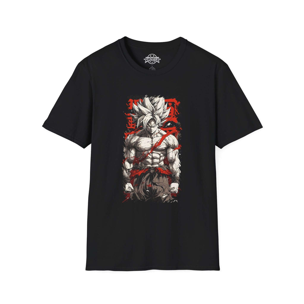 Sayan Unisex T-Shirt featuring an anime warrior graphic on a black background, perfect for cosplay and everyday wear.
